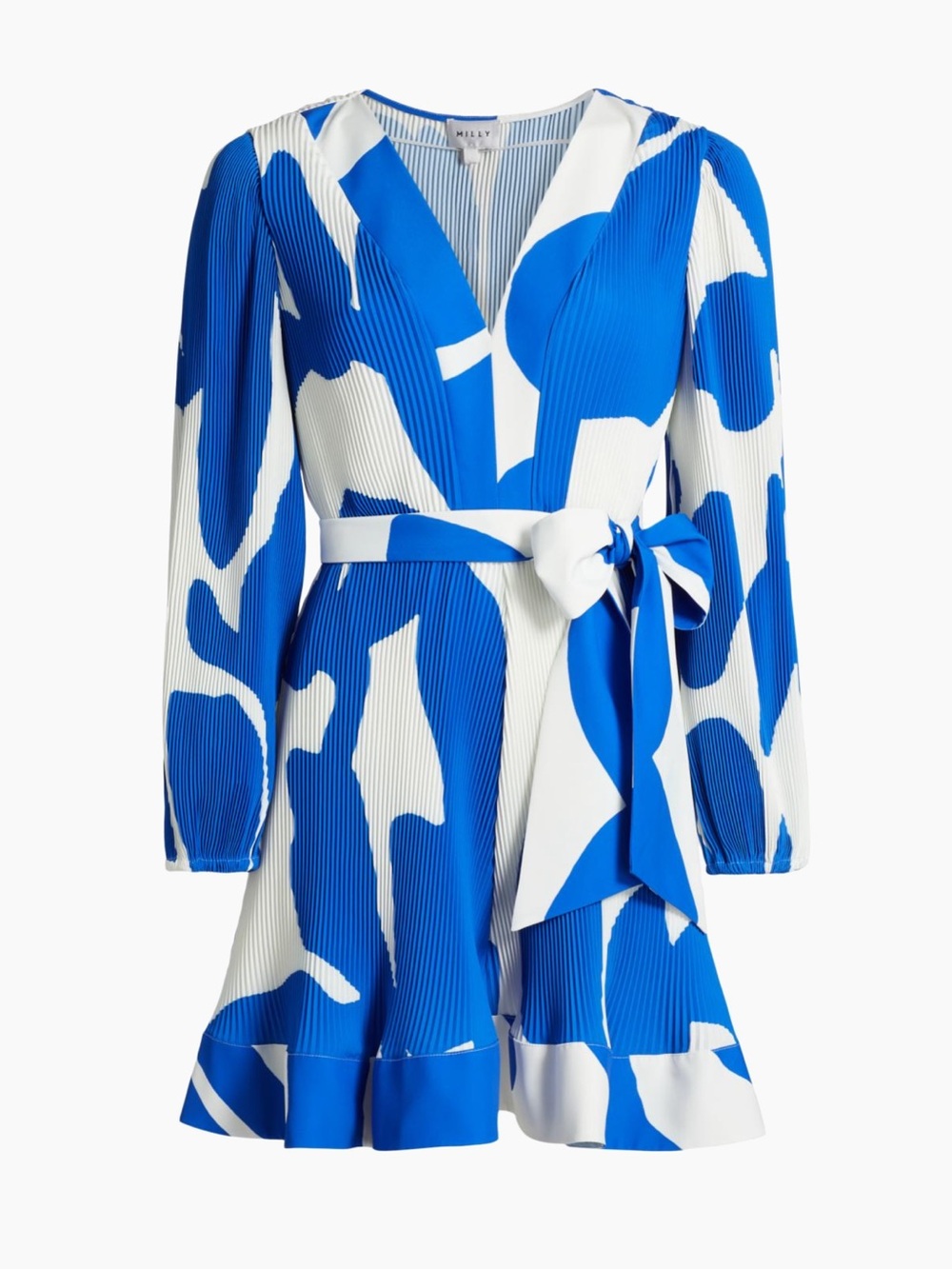 Milly Blue and White Pleated Wrap-Front Long Sleeve Dress - Picture 6 of 6